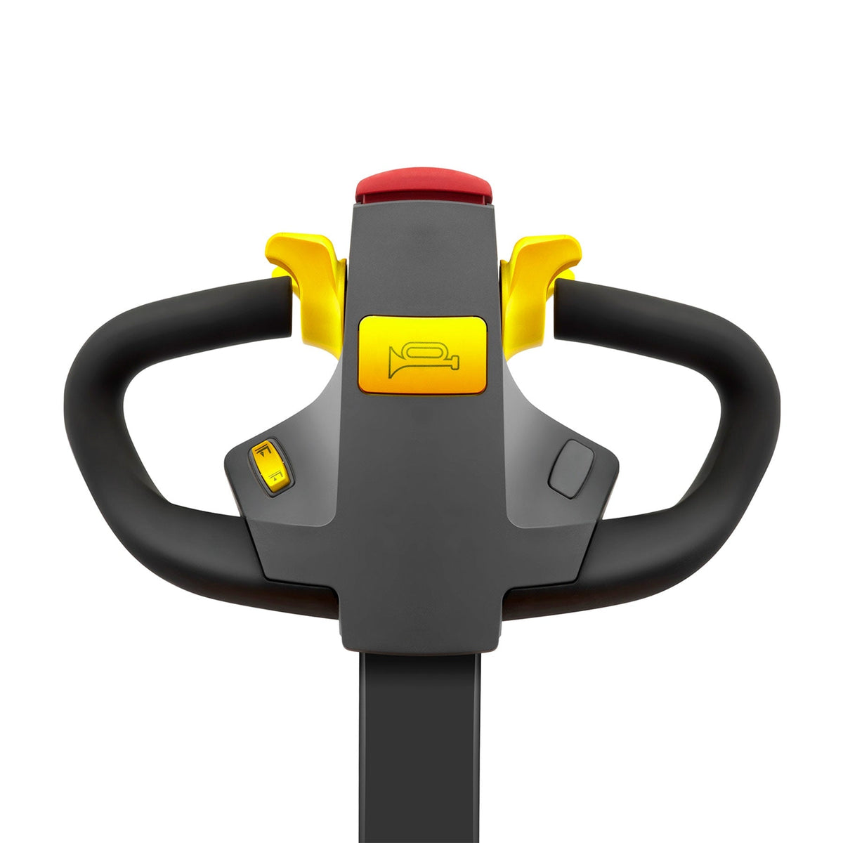 Electric stacker steering wheel with red top cap and control switches on yellow unit.