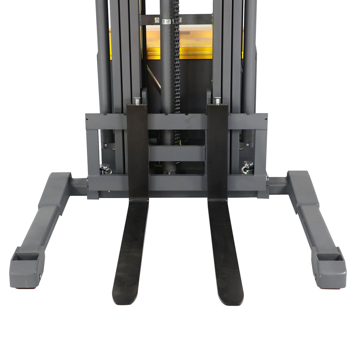 Under-mast view of electric pallet stacker showing lifting carriage and forks