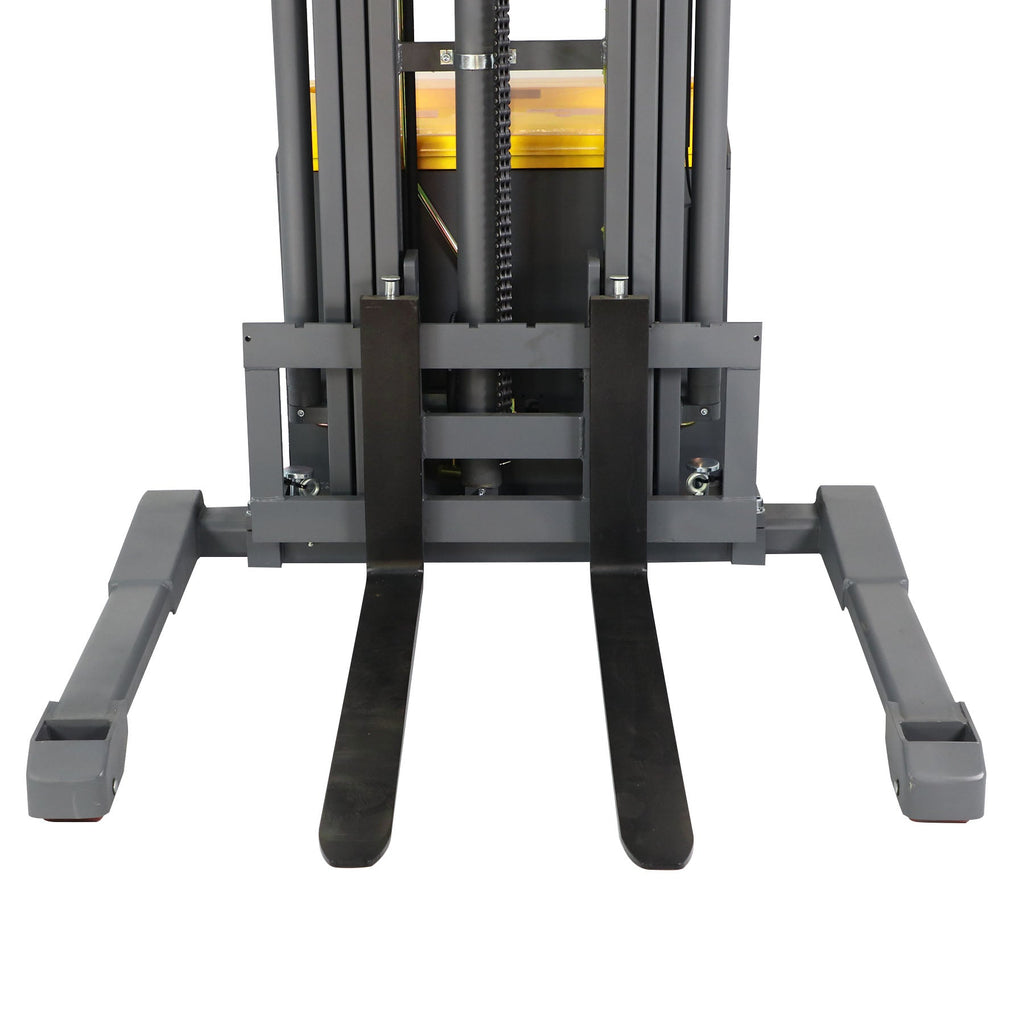 Electric stacker inner mast view with gray frame and internal lifting components.