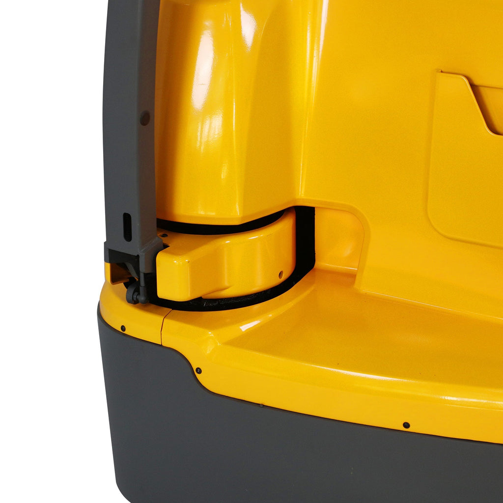 Yellow electric stacker body corner with black base housing and side guard trim.