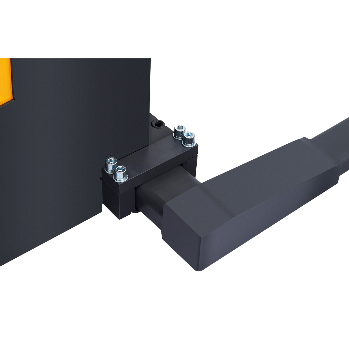 Electric stacker fork attachment with black mounting plates and bolts on gray base.