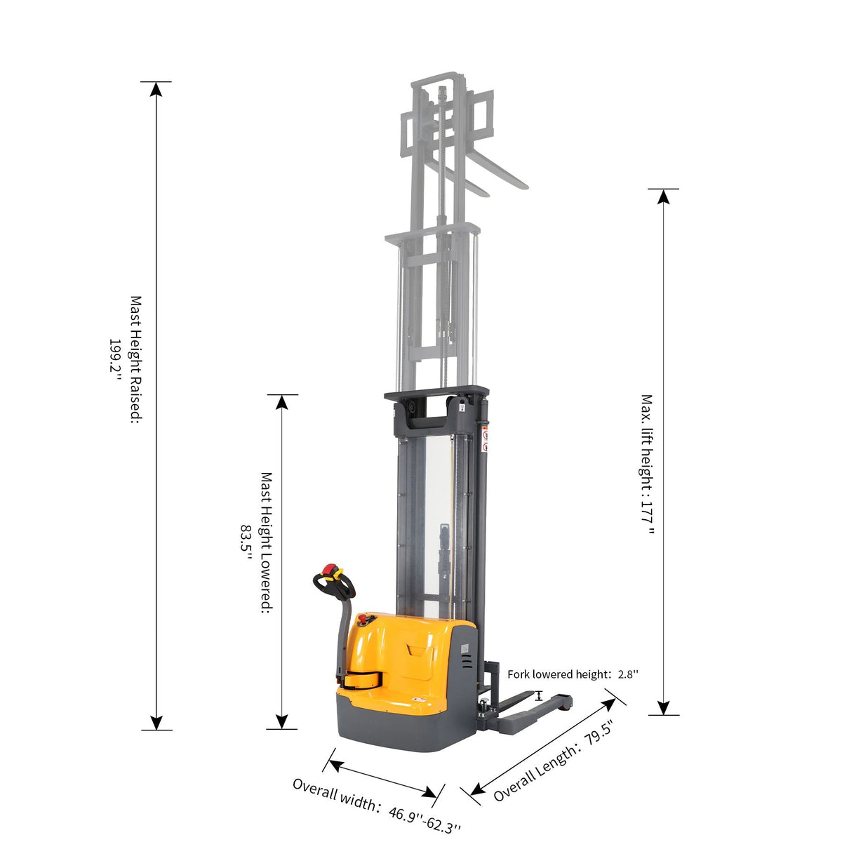 Yellow electric stacker shown with height and width measurement arrows for sizing.