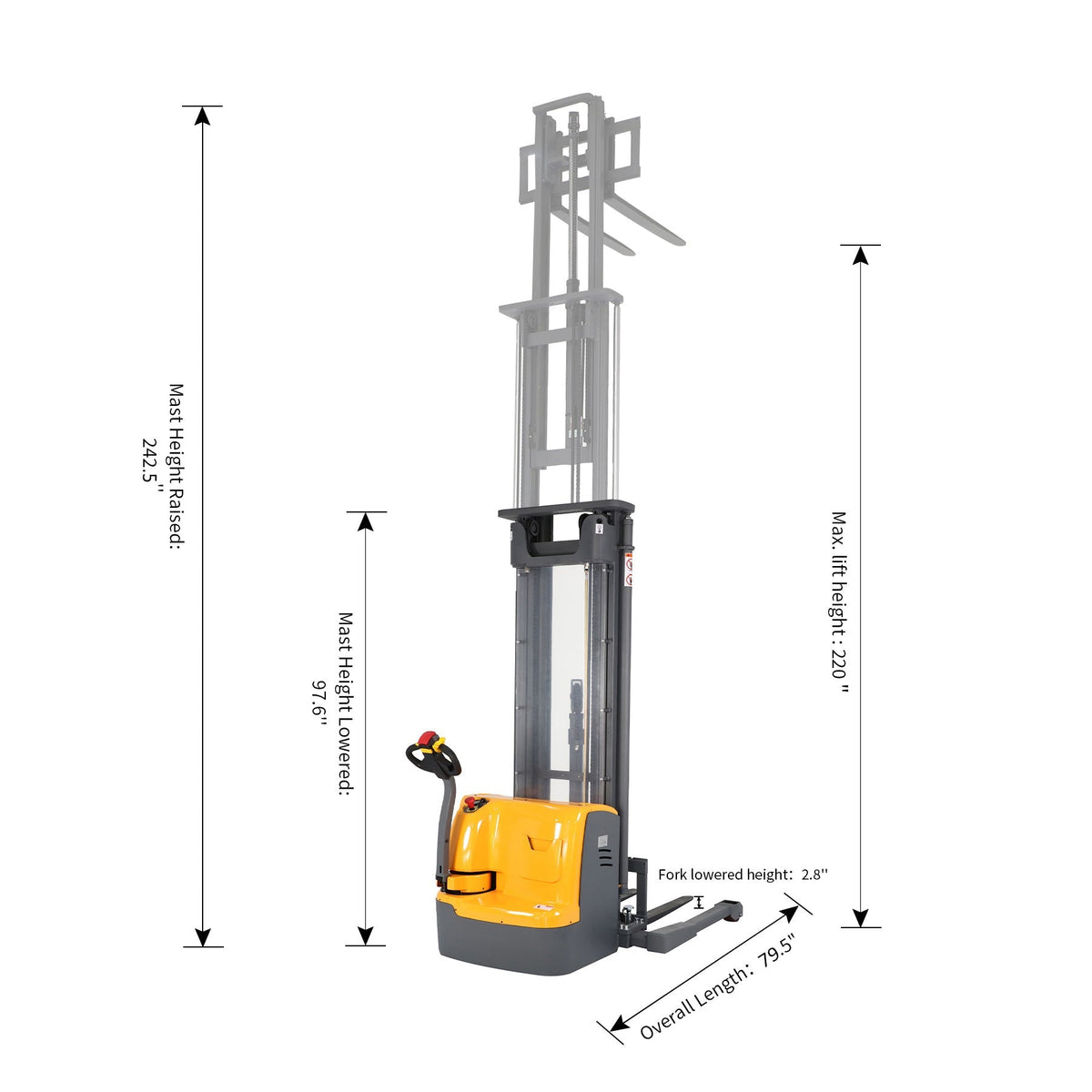Electric pallet stacker with tall mast and height dimension diagram