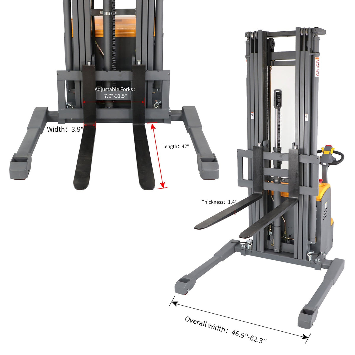 Electric pallet stacker with base dimension arrows, forks, and lifting mast
