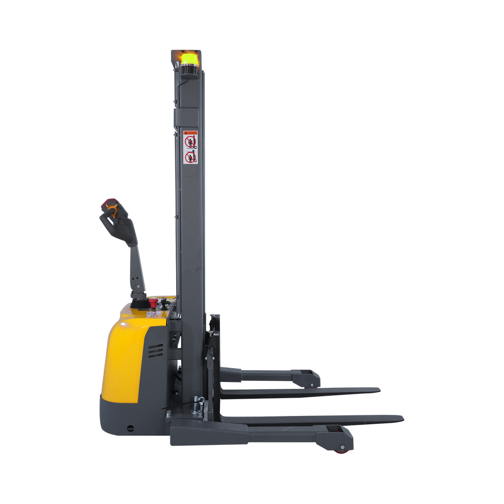 Yellow electric pallet stacker with side forks and upright mast