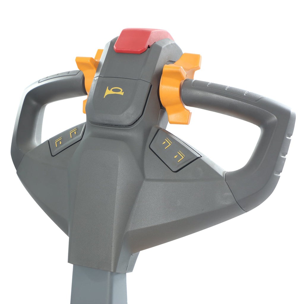 Gray electric stacker tiller handle with red control button
