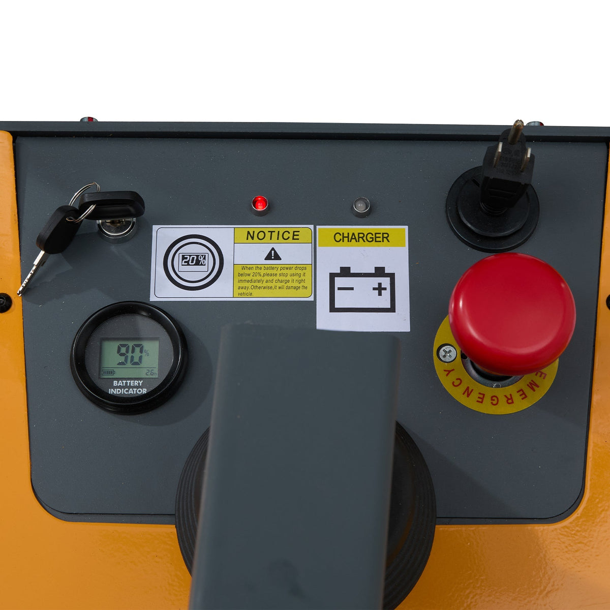 Electric stacker control panel with battery indicator and charger switch