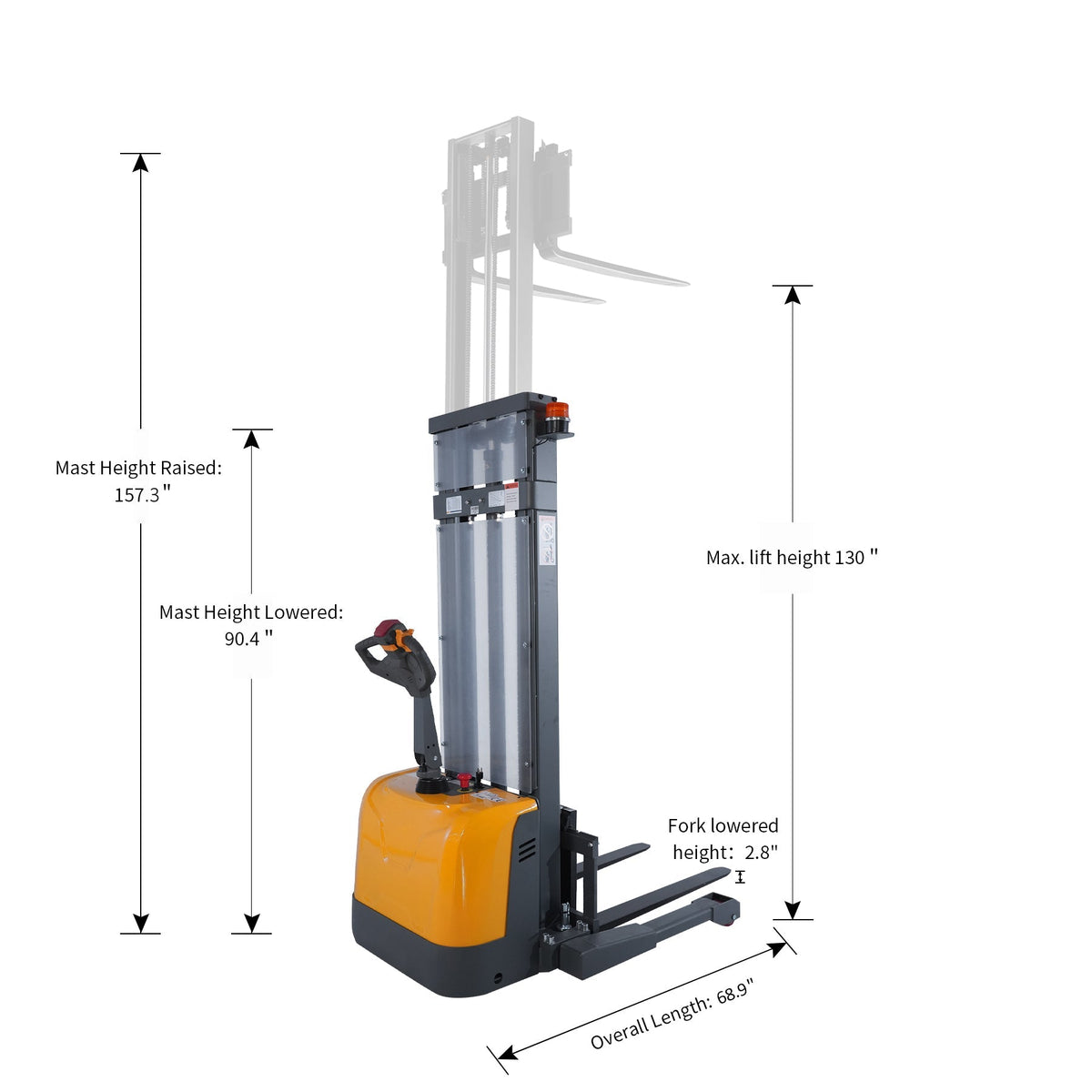Electric stacker diagram showing mast lift heights and overall dimensions
